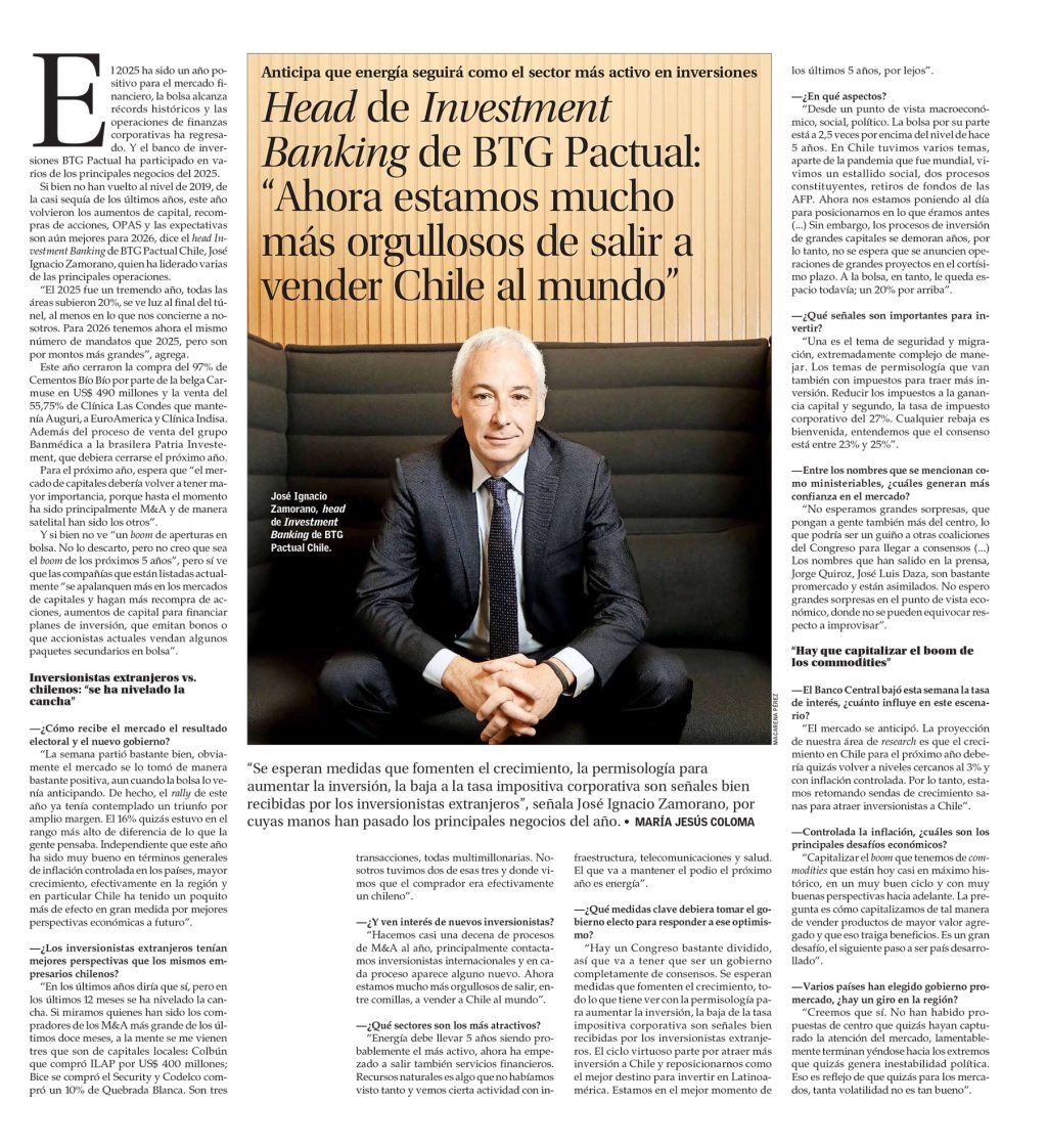 Head de Investment Banking de BTG Pactual: “Ahora estamos mucho más orgullosos de salir a vender Chile al mundo”